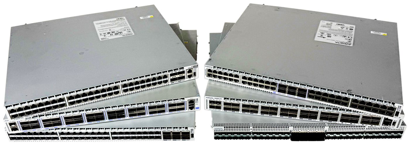 Stacks of tested refurbished Arista network switches from Network Supplies